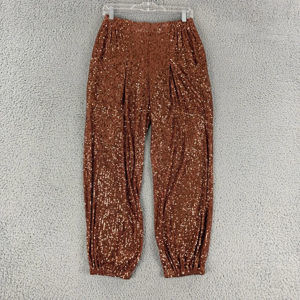 Free People Sequin Jogger Pants Womens Small Brown Copper High Rise Pleated Crop